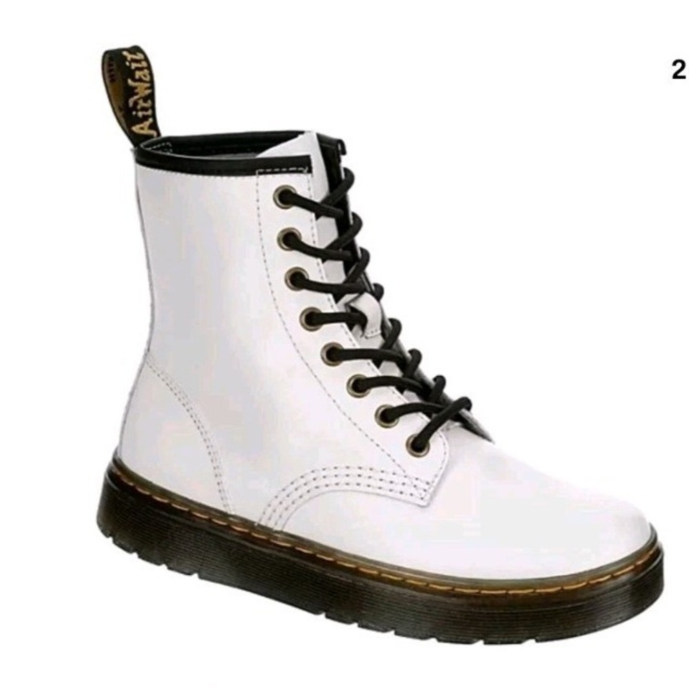 Dr. Martens Zavala J White Leather Combat Boots Womens 5 Side Zip